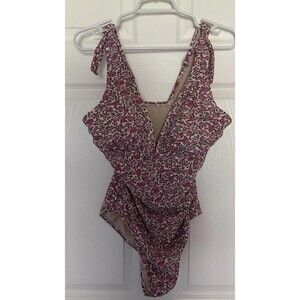Kona Sol Pink Floral Deep V One Piece Tie Swim Suit Large